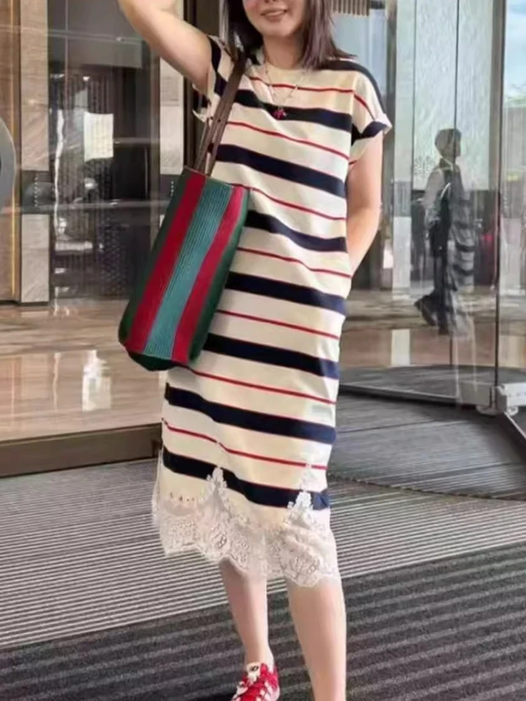 时尚高品质条纹拼接连衣裙女2025夏季新款中长款洋气减龄显瘦裙子