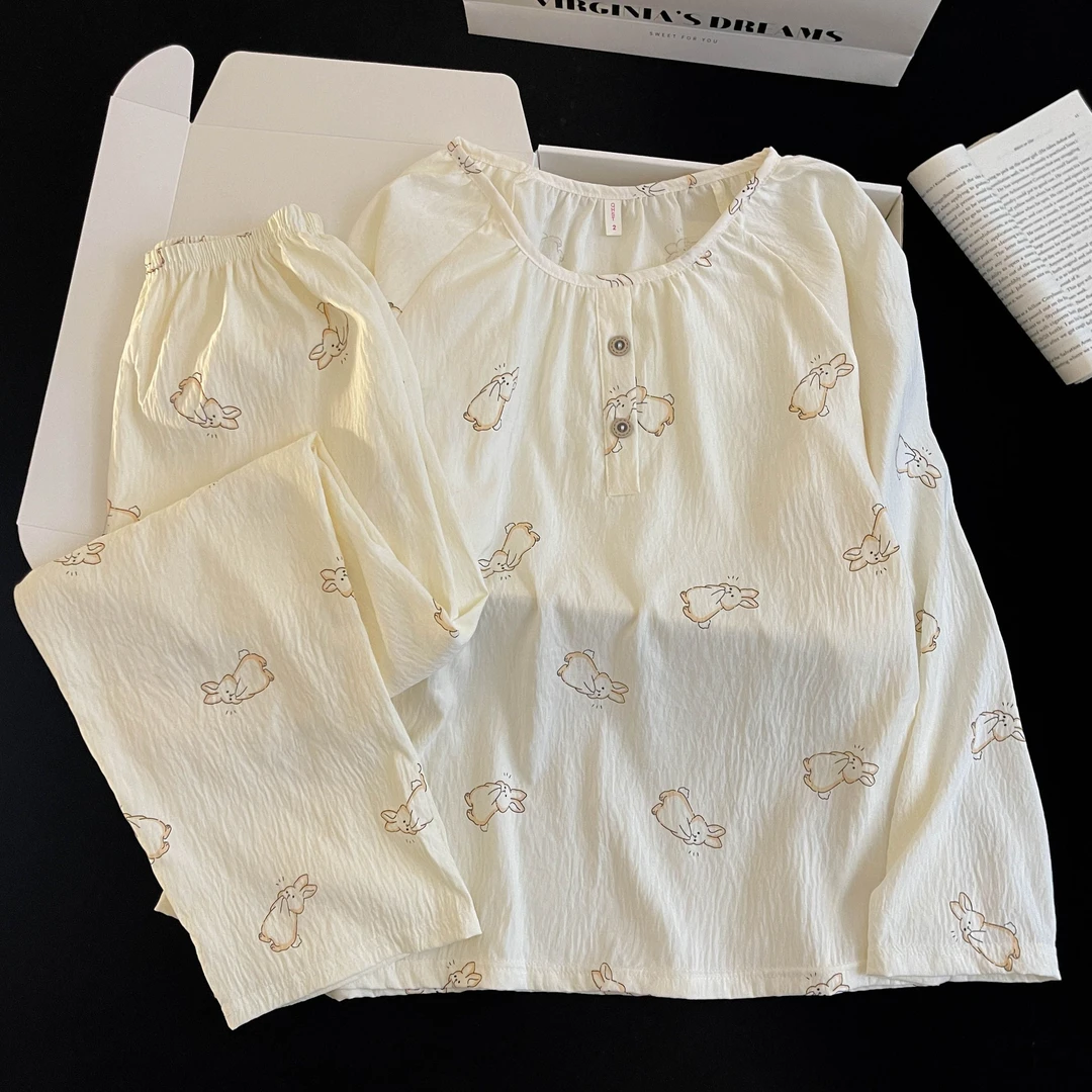 芯语婷春秋季新款白色小兔云朵泡泡纱女士睡衣冬季长袖套装可外穿