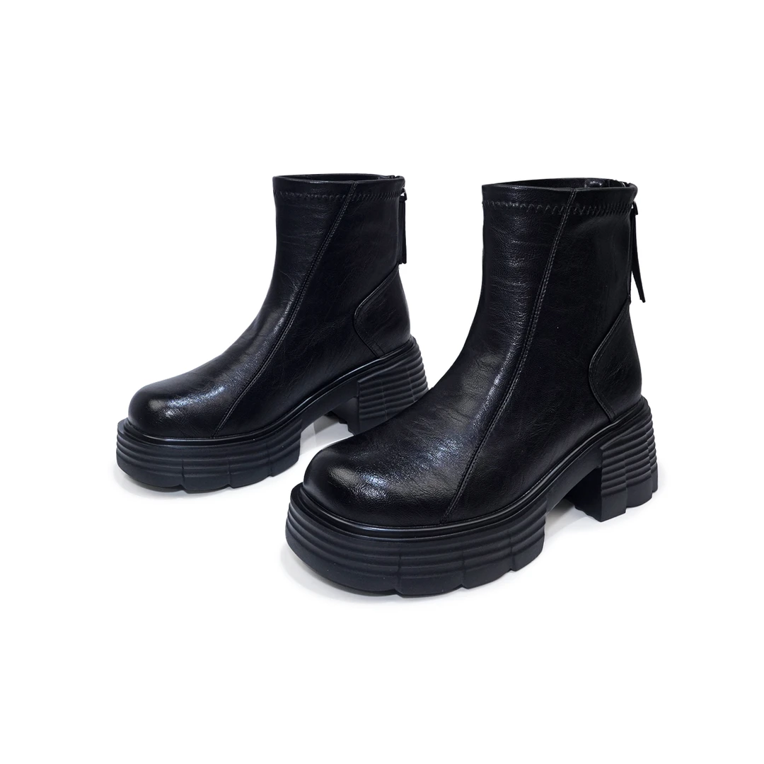 加绒【瘦瘦靴】粗跟厚底增高短靴~显瘦后拉链靴子~超轻便