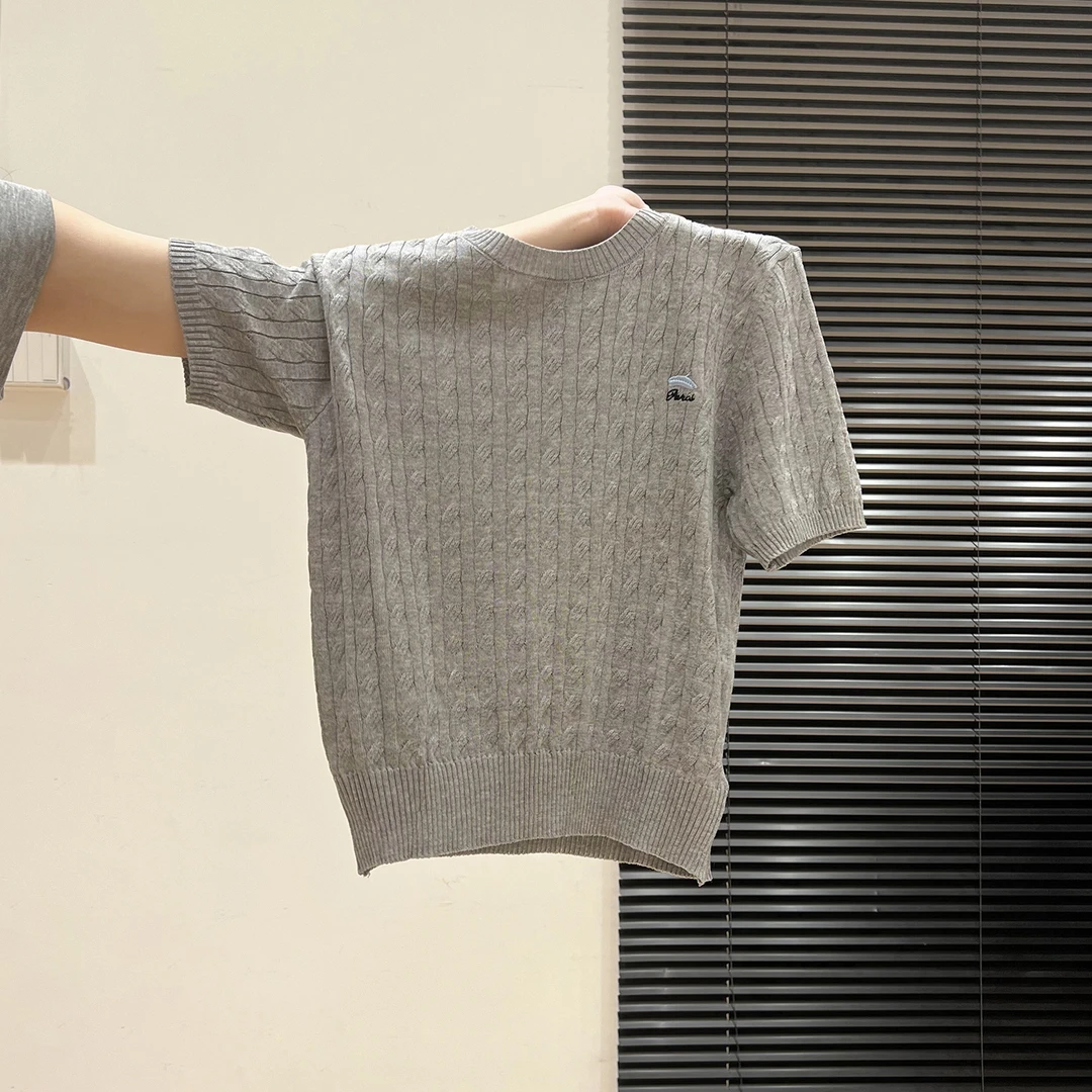 纯色麻花针织圆领套头短袖T恤女夏季修身刺绣韩系穿搭正肩小上衣