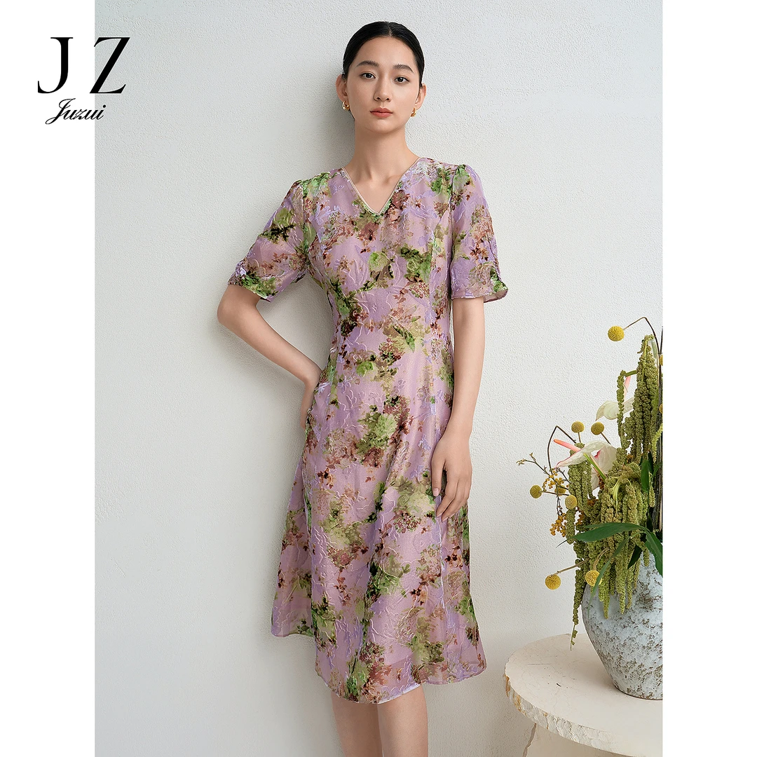 JUZUI玖姿复古丝绒桑蚕丝烧花连衣裙女2025夏季新款JWFX50099