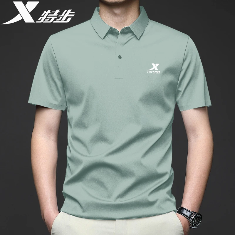 特步短袖T恤男夏季2025新款翻领POLO衫冰丝男士透气速干休闲上衣