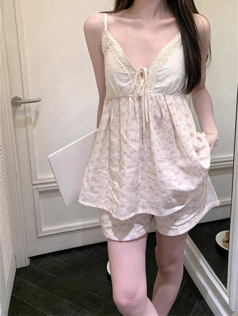 夏季田园风少女甜美碎花薄款带胸垫吊带外穿背心无袖睡衣家居服