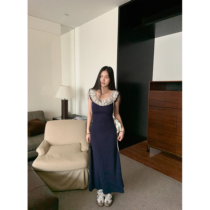 王少女的店【现】藏蓝色修身荷叶边U领连衣裙夏季显瘦长裙L30864S51