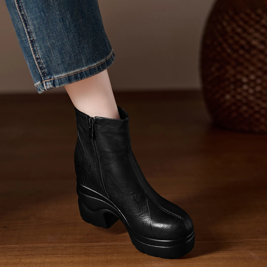 小个子手工女鞋9.5cm~圆头坡跟高跟不累脚百搭短靴秋冬新款马丁靴