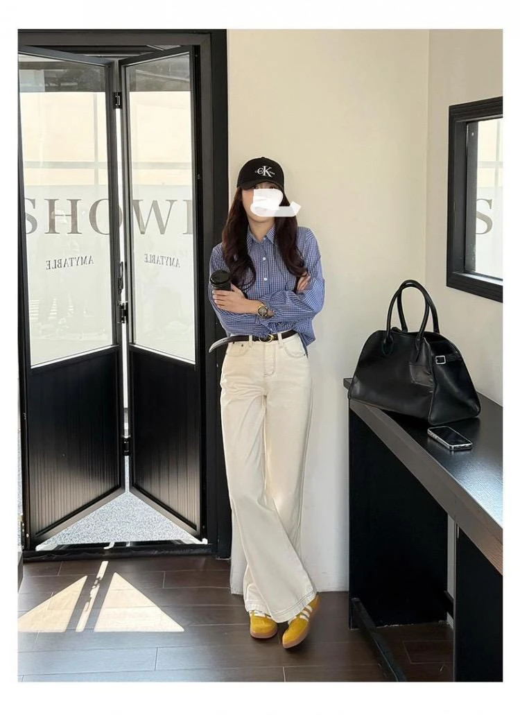 【送运费险+送腰带】杏色三本针牛仔高腰春季宽松休闲窄版阔腿裤