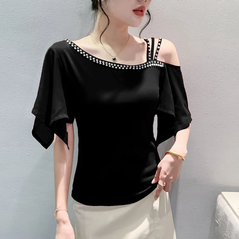 992欧货夏季2025新款时尚性感设计感钉珠露肩短袖修身显瘦小衫
