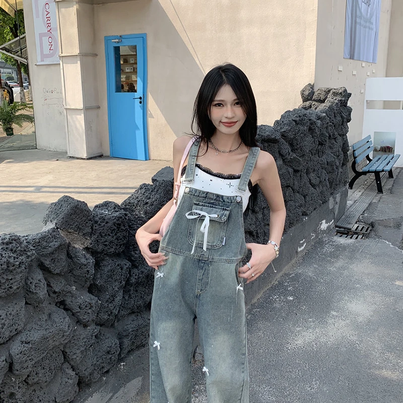 2025新款背带裤女小个子复古宽松百搭蝴蝶结烫钻牛仔休闲连体长裤