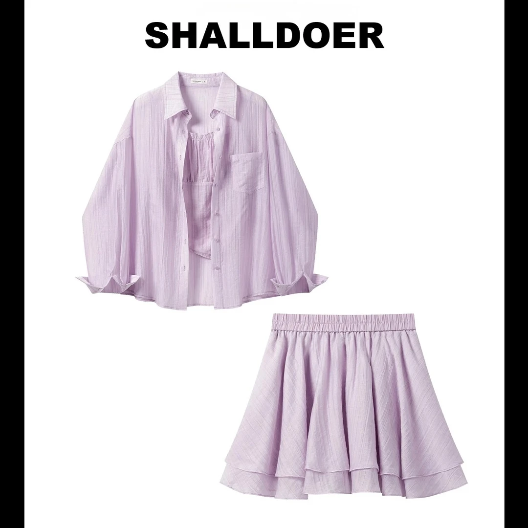 2025夏季时尚紫色休闲套装吊带背心衬衫套装宽松显瘦短裙三件套女