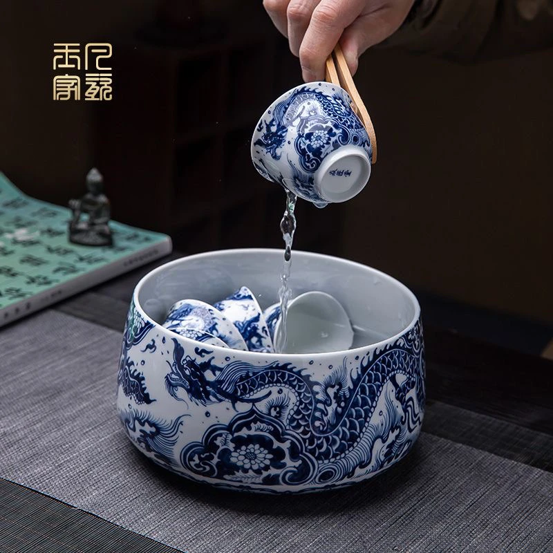 景德镇炎匠堂青花如意穿花龙渣缸水洗茶洗茶海龙纹青花釉下高温瓷