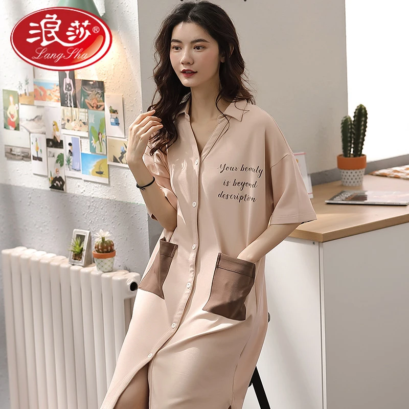 浪莎100%纯棉女士睡衣宽松休闲短袖睡裙夏季清凉休闲家居服柔软亲