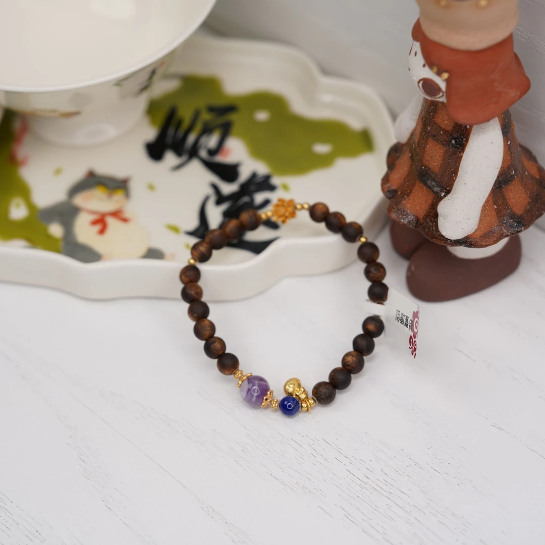 沉香拾壹.绿棋楠水晶手串单圈