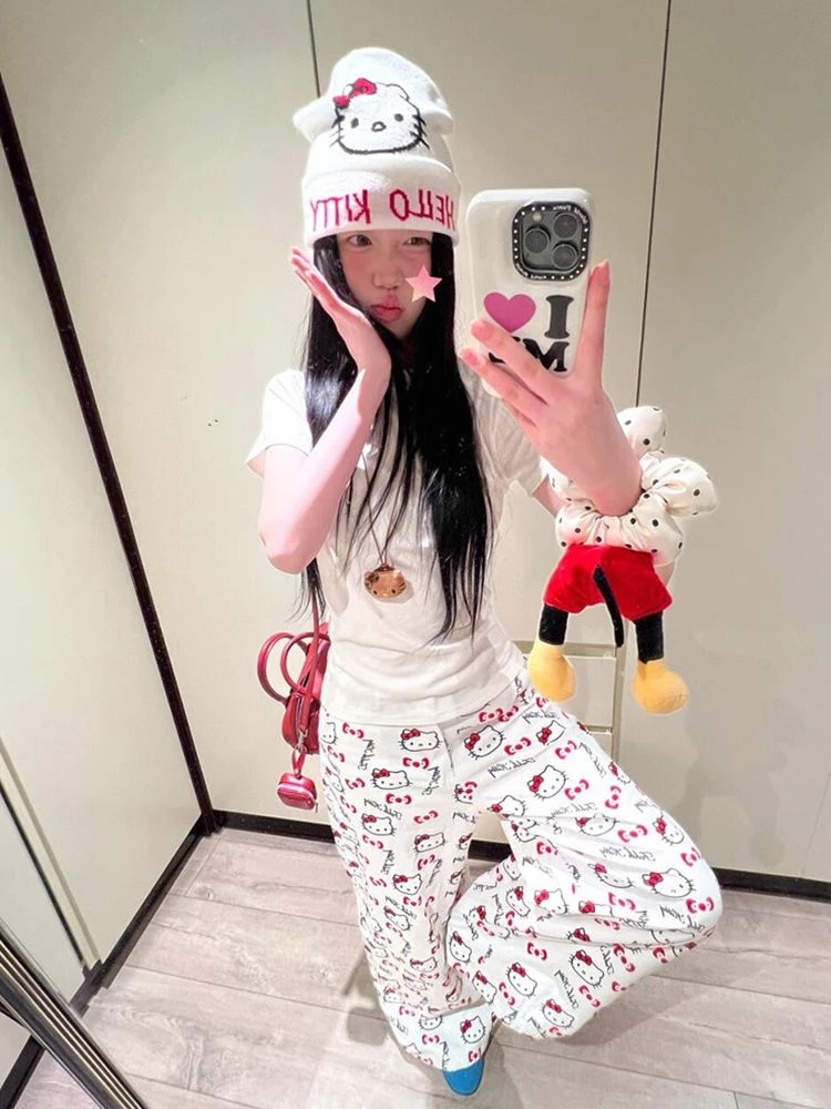 满印kitty猫白色阔腿休闲裤女夏季新款宽松高腰显瘦百搭直筒裤子