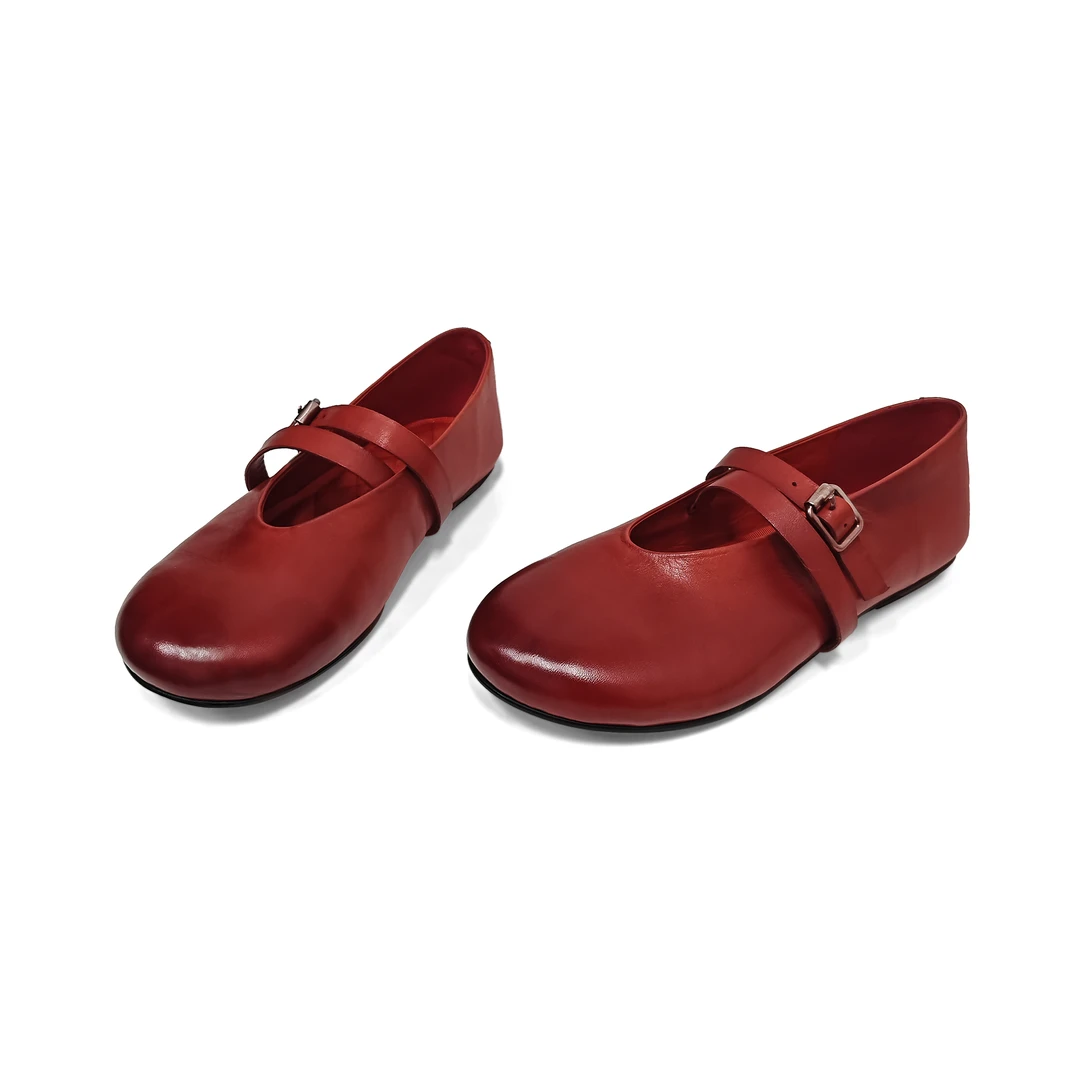 法式平底小红单鞋女2025春秋复古休闲红色一字带玛丽珍鞋子