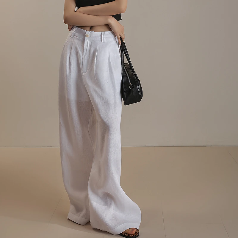 春夏季女薄款纯亚麻休闲阔腿裤长裤简约百搭ROW家拖地通勤MD5164