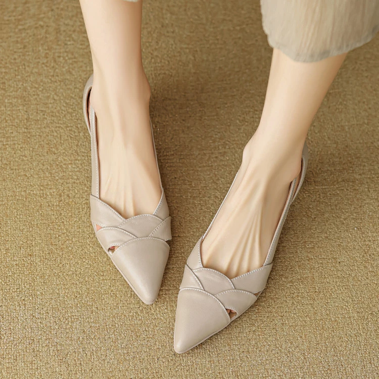 手工女鞋~气质简约尖头浅口优雅单鞋女真皮浅口透气镂空百搭凉鞋