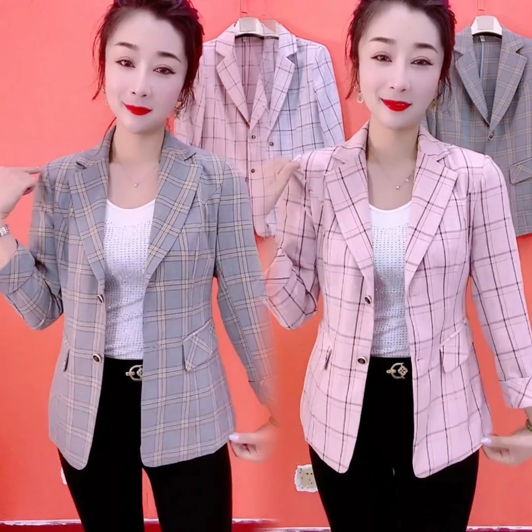 夏季新款时尚修身显瘦西装格子外套休闲百搭气质女装薄款分袖外衣