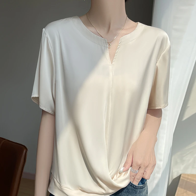 夏季V领设计感短袖女醋酸缎面光泽感衬衫洋气显瘦遮肉垂坠感小衫