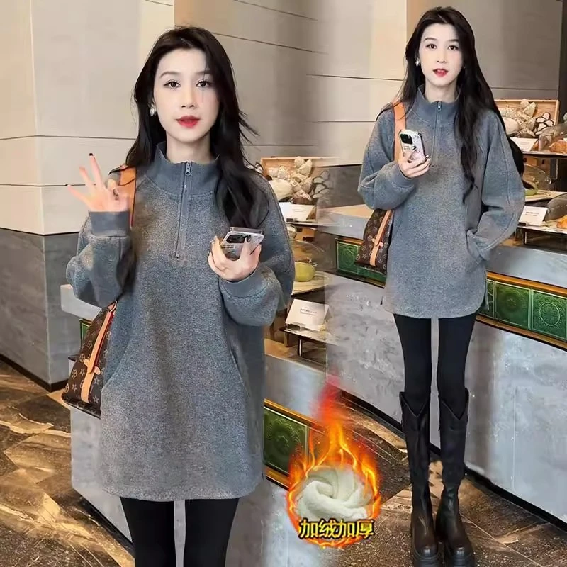 拉夏贝尔加绒加厚小个子卫衣女2025秋冬新款时尚中长款打底衫上衣