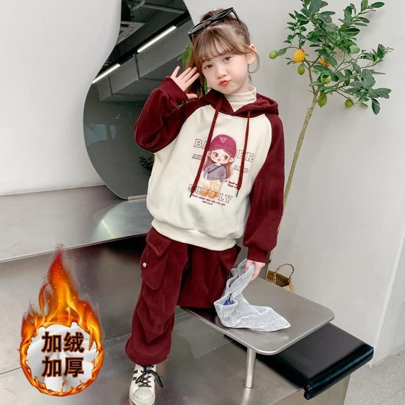 女童冬装加绒套装儿童连帽卫衣加厚中大童洋气休闲运动服两件套潮