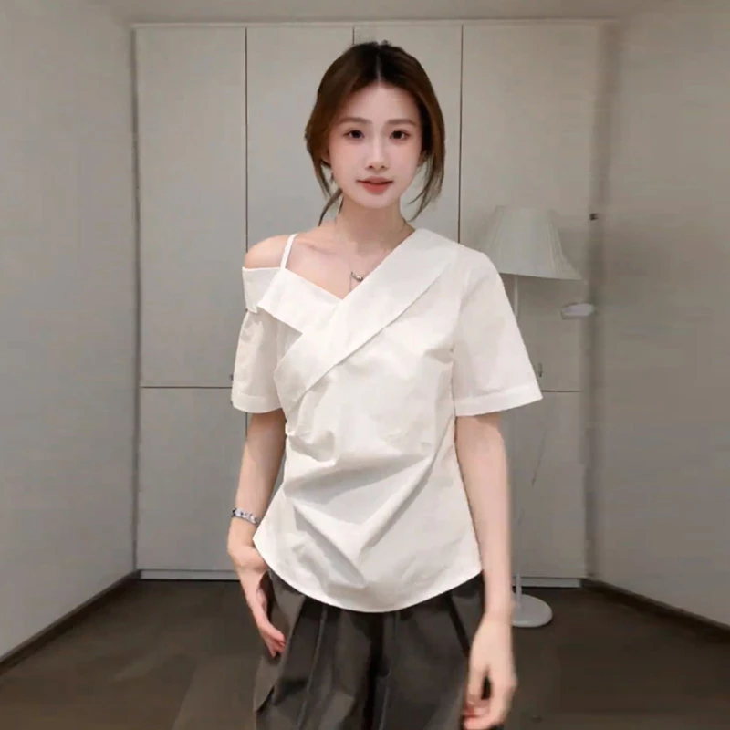 设计感v领露肩衬衫女夏季修身百搭气质白色衬衣百搭法式小众上衣