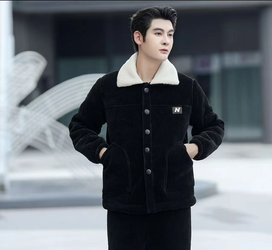 冬季纯黑男士睡衣时尚休闲秋冬家居服套装保暖棉服