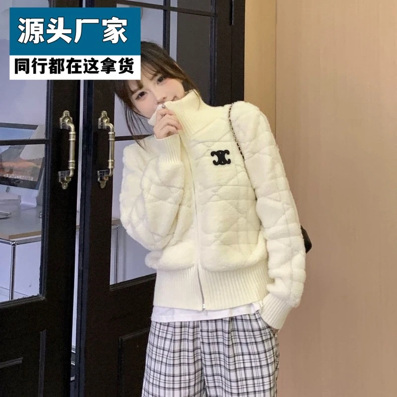 梵乐芬春秋款刺绣香风菱格设计修身显瘦外穿针织秋冬拉链开衫毛衣