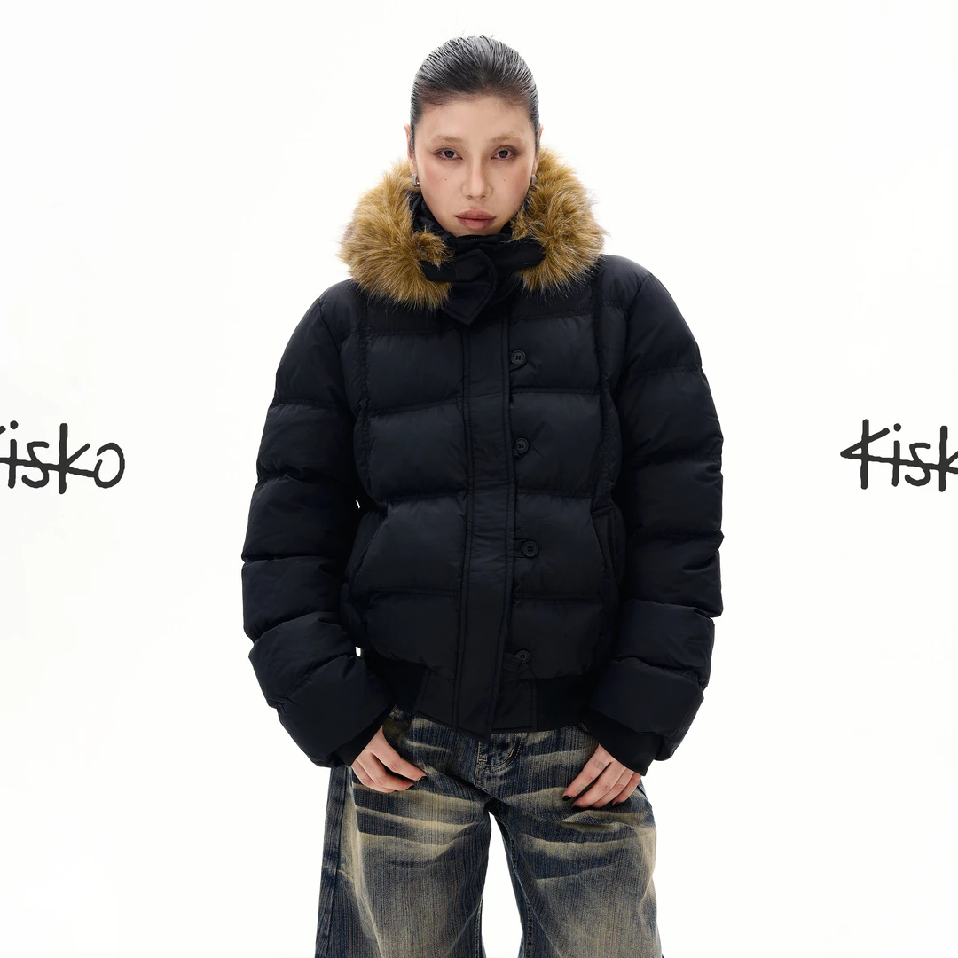 KISKO冬季美式加厚保暖毛领连帽棉服男女高级感短款潮牌外套情侣