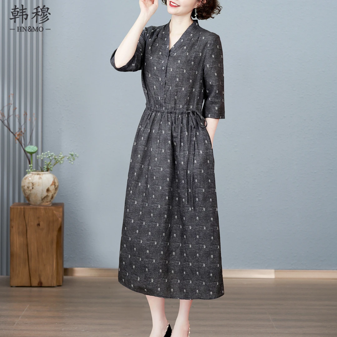 韩穆气质天丝亚麻连衣裙女2025夏季新款流行爆款V领圆点妈妈裙子
