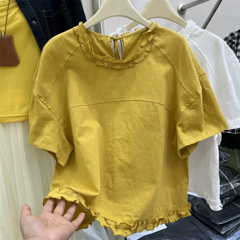 韩系木耳边圆领短袖衬衫女2025夏季新款温柔减龄洋气上衣设计衬衣