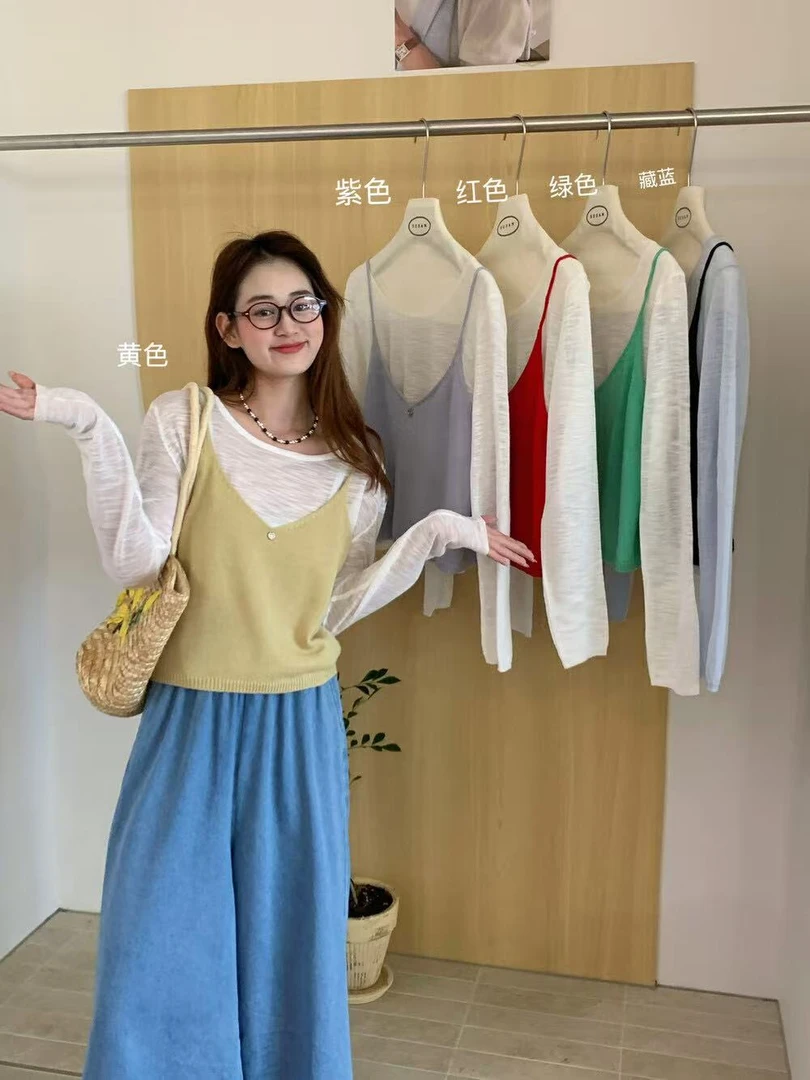 网红复古港风少女风套装韩系时尚上衣夏季紫色红色长袖防晒显瘦