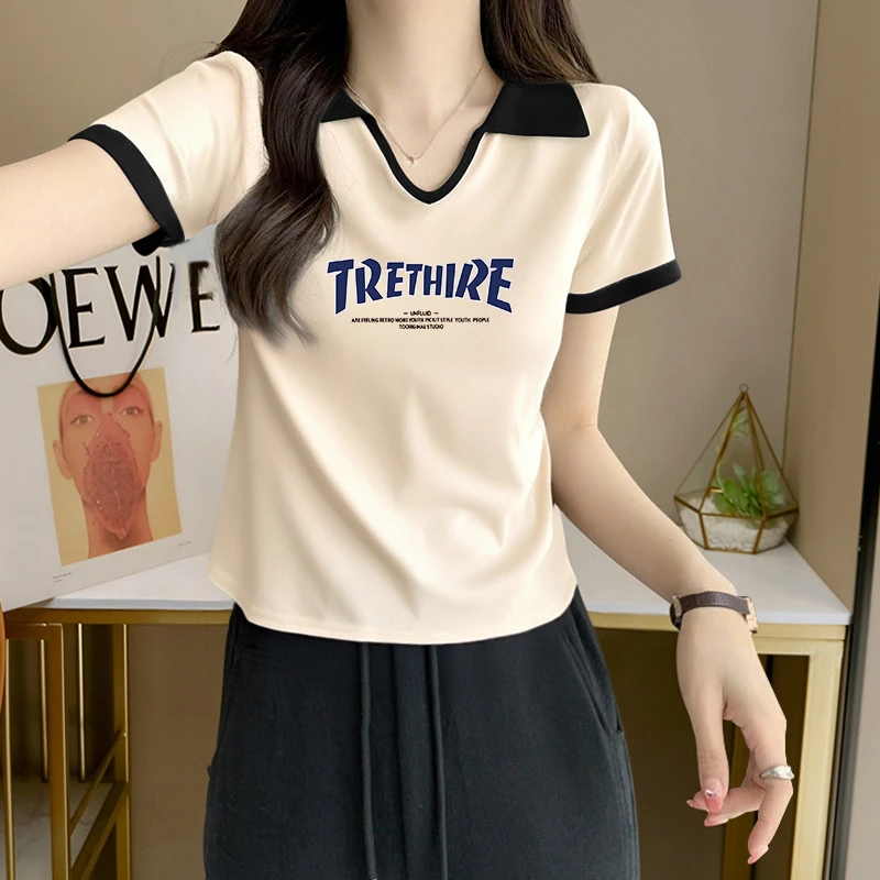 大码胖mm设计感撞色翻领短袖T恤女士夏季纯欲风辣妹洋气减龄上衣