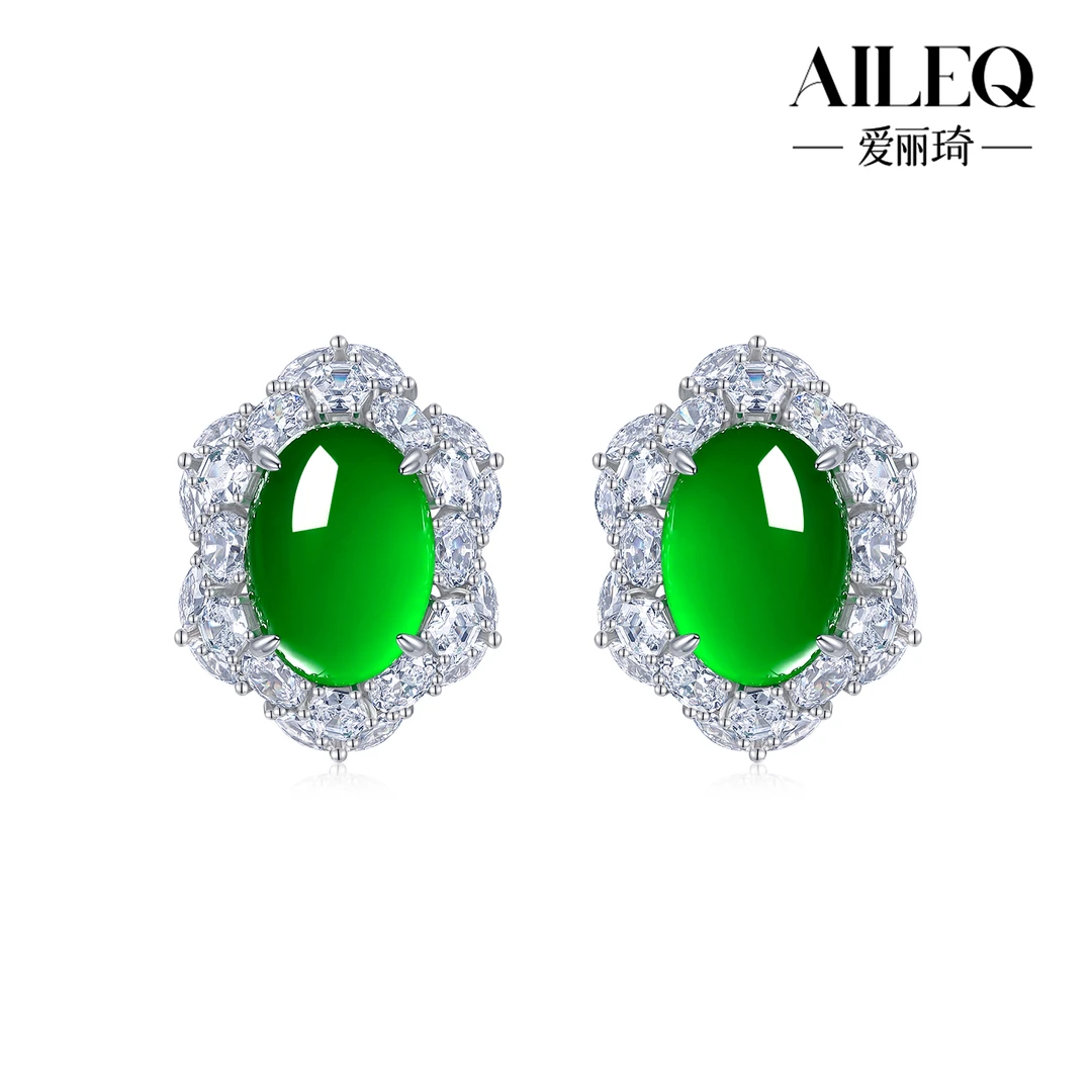 AILEQ925银镶天然玉髓新品满绿六芒星耳环欧若风耳饰时尚品质珠宝