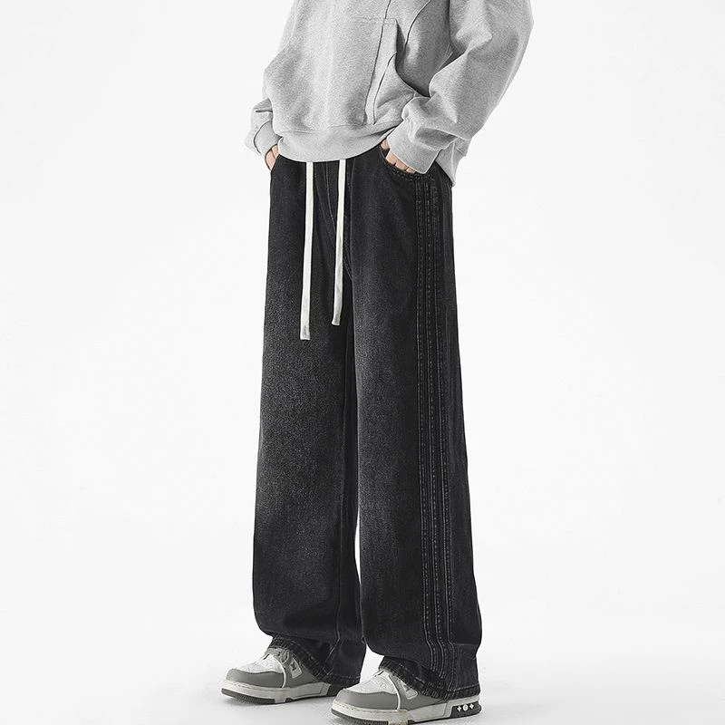 新款潮流软牛仔松紧腰头抽绳款宽松直筒百搭休闲牛仔男裤大码男士