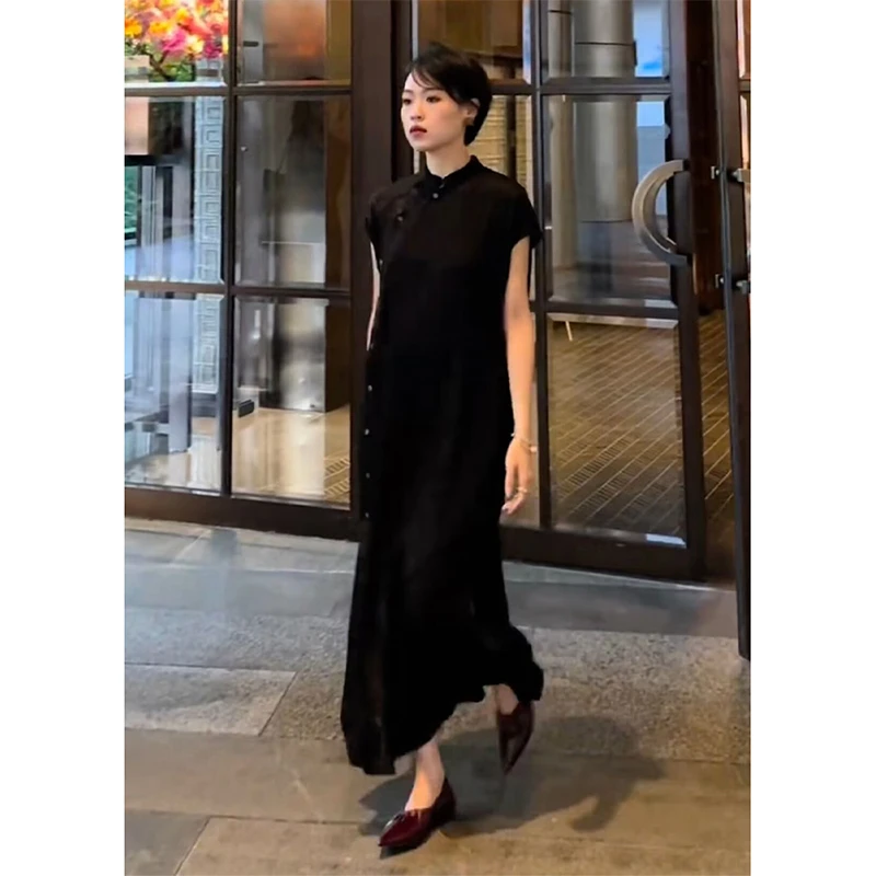 独特气质高级感长款黑色新中式连衣裙女夏季复古短袖宽松显瘦裙子