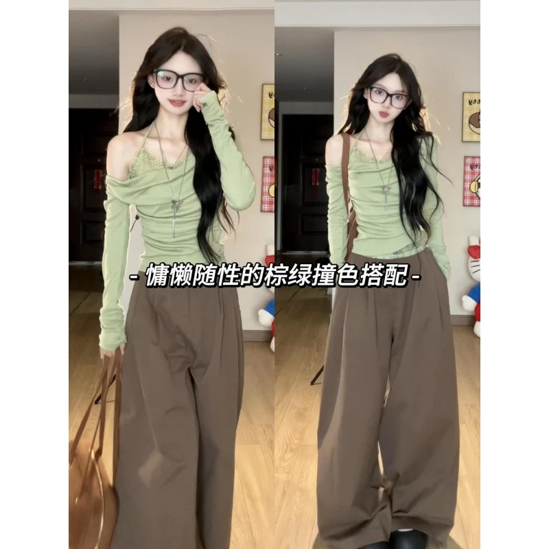 MARIE.COCO秋季假两件斜肩荡领长袖T恤咖色休闲阔腿裤辣妹风套装