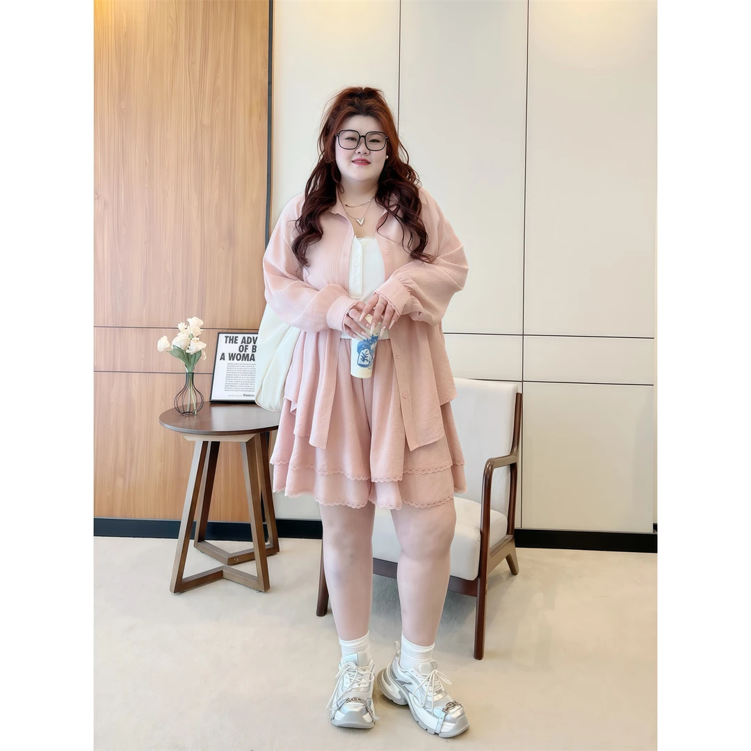 大码女装夏季花契200斤胖mm百搭希音条衬衫+短裤两件套装14448