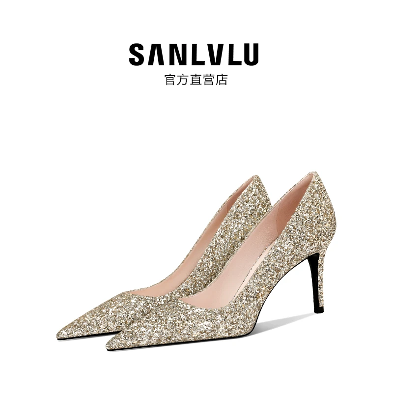 SANLVLU鞍山 玫瑰金色水晶高跟鞋订婚鞋女气质独一档仙女鞋羊皮里