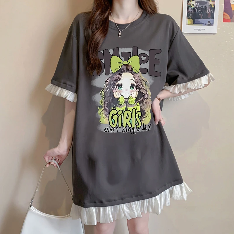 夏季趣味卡通纯棉连衣裙女韩版宽松慵懒风休闲显瘦中长款T恤裙ins