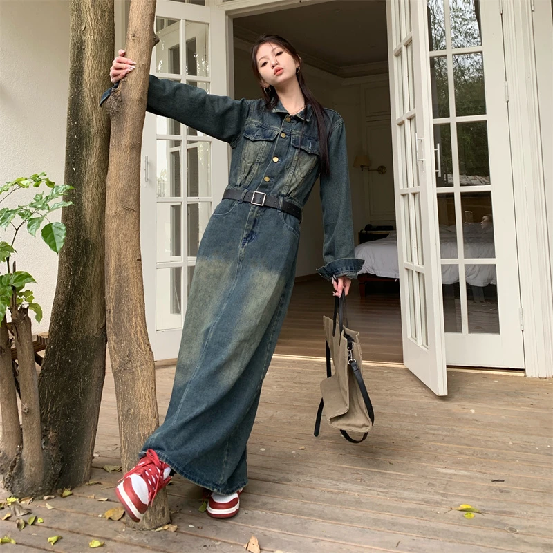 788大码春季新款做旧韩版复古港风气质宽松牛仔连衣裙