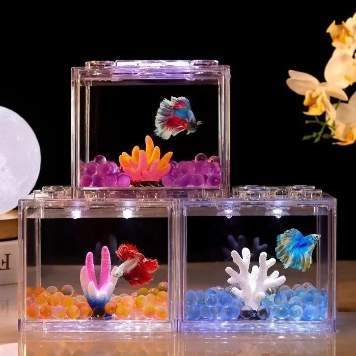 泰国斗鱼缸盒杯瓶积木缸迷你鱼缸桌面斗鱼缸隔离微景观创意小型