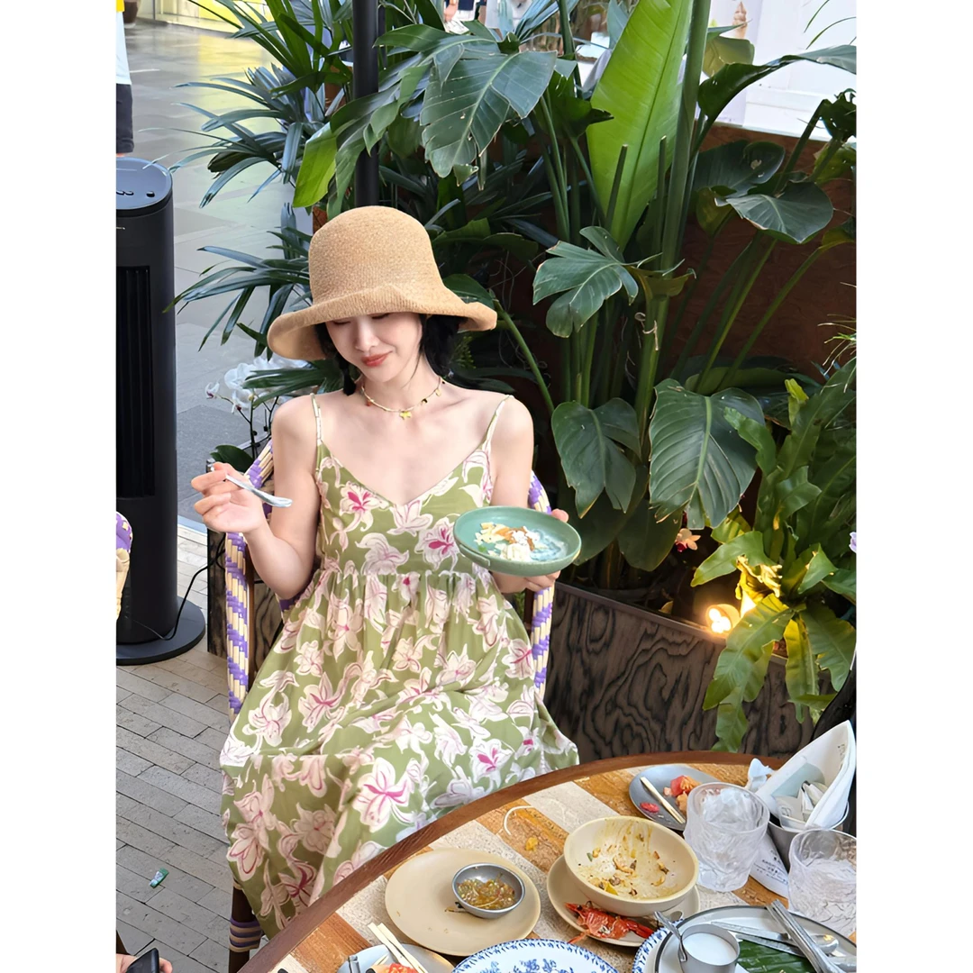 【桃喜】法式复古度假印花连衣裙露背吊带沙滩长裙