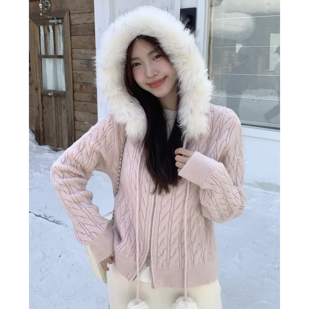 morning bloom粉色针织毛衣外套厚宽松连帽冬季常规秋冬外套保暖