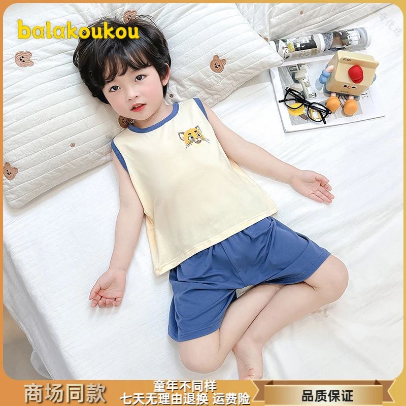巴拉扣扣男童睡衣莫代尔夏季薄款2025新款短袖宝宝空调服小男孩儿
