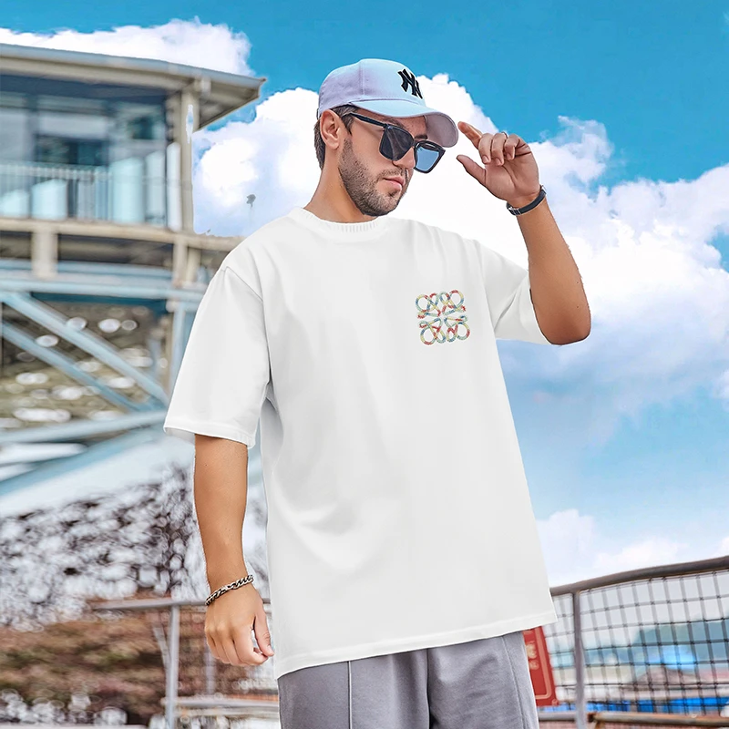 芊歌潮牌大码男装T2107夏季新款小花刺绣胖男生百搭休闲短袖T恤衫