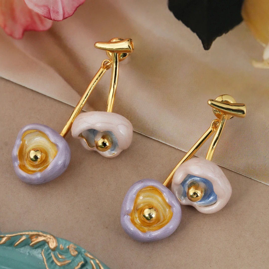 铜合金耳饰 「蜜果」多巴胺花朵法式两戴式耳饰粉紫樱桃