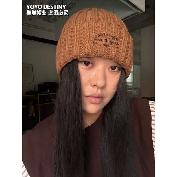 黑黄皮显白秋冬季大头围毛线帽女美式复古刺绣显脸小保暖针织帽男