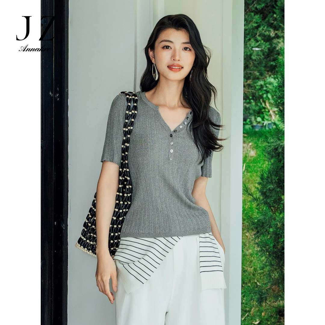 【岚岚专属】【星光衫】玖姿安娜蔻KWFX31207格雷灰亮葱修身短袖针织