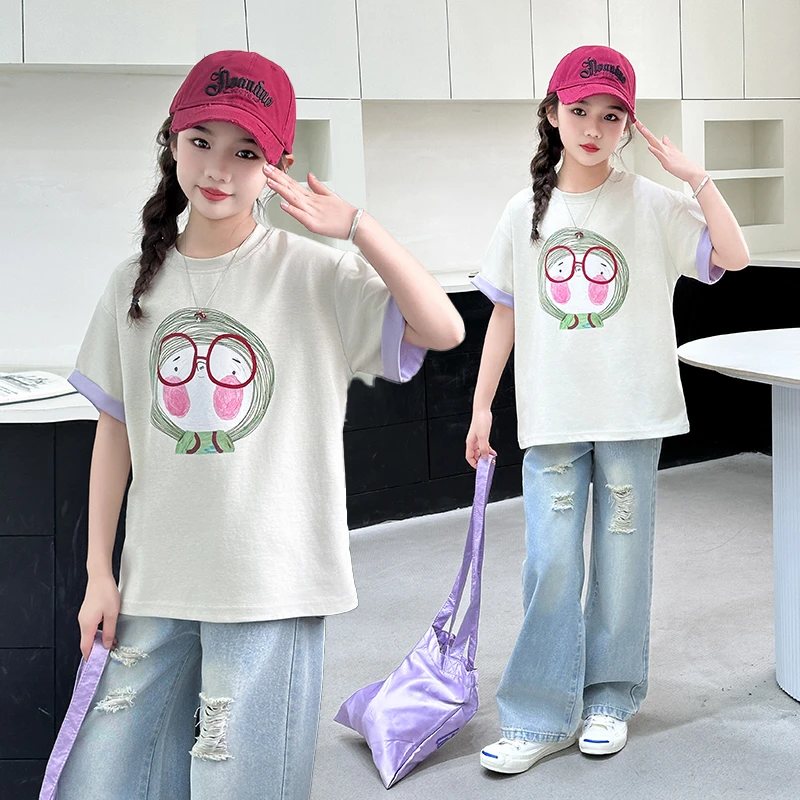 儿童夏季套装中大童洋气2025新款韩版卡通印花短袖女孩破洞牛仔裤
