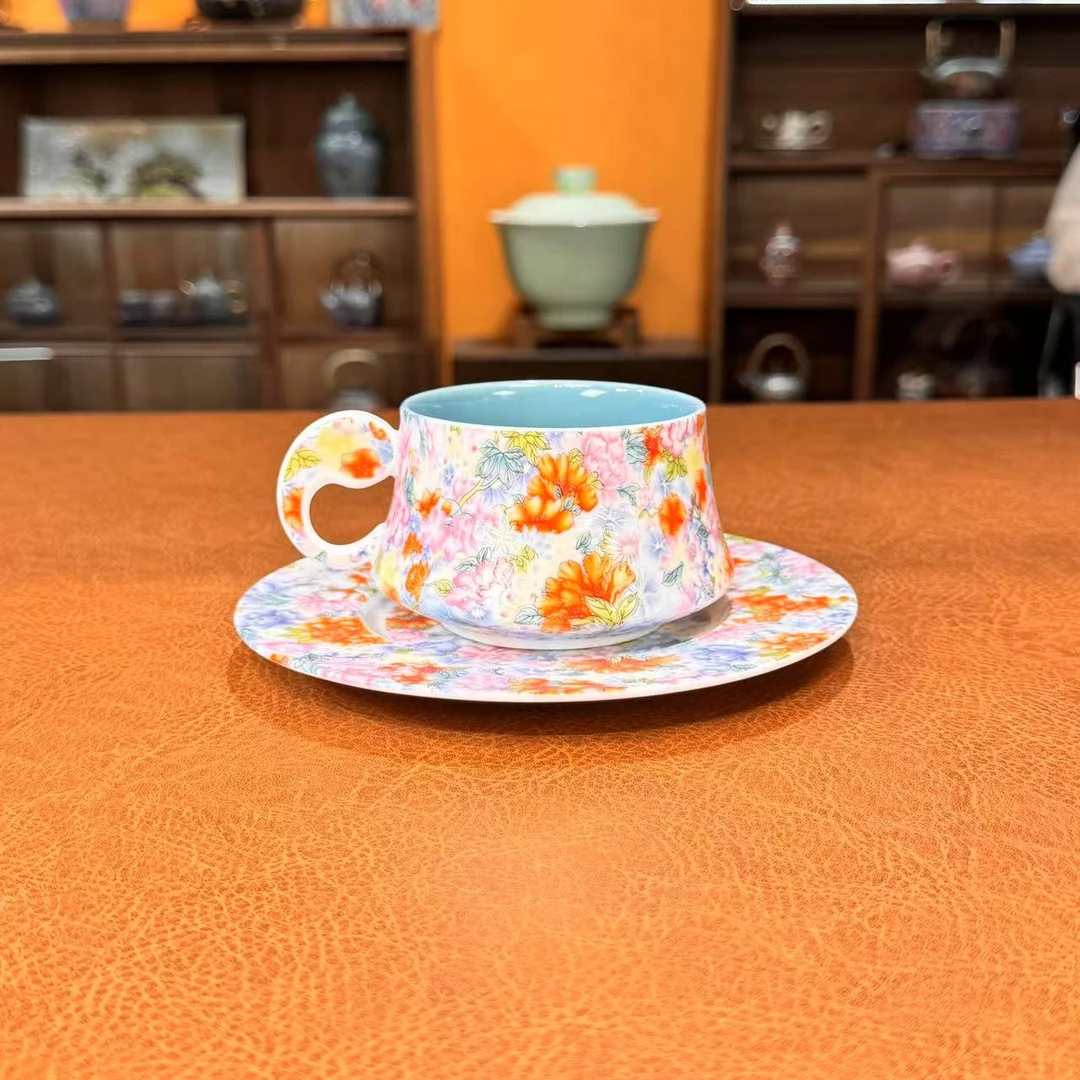 万花牡丹蓝色咖啡杯杯碟壶承家用茶杯-5700